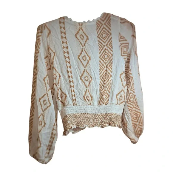 Surf Gypsy Island Tribal Top‎ M Caramel White Boho Peasant Blouse Crochet Beach - Picture 4 of 11